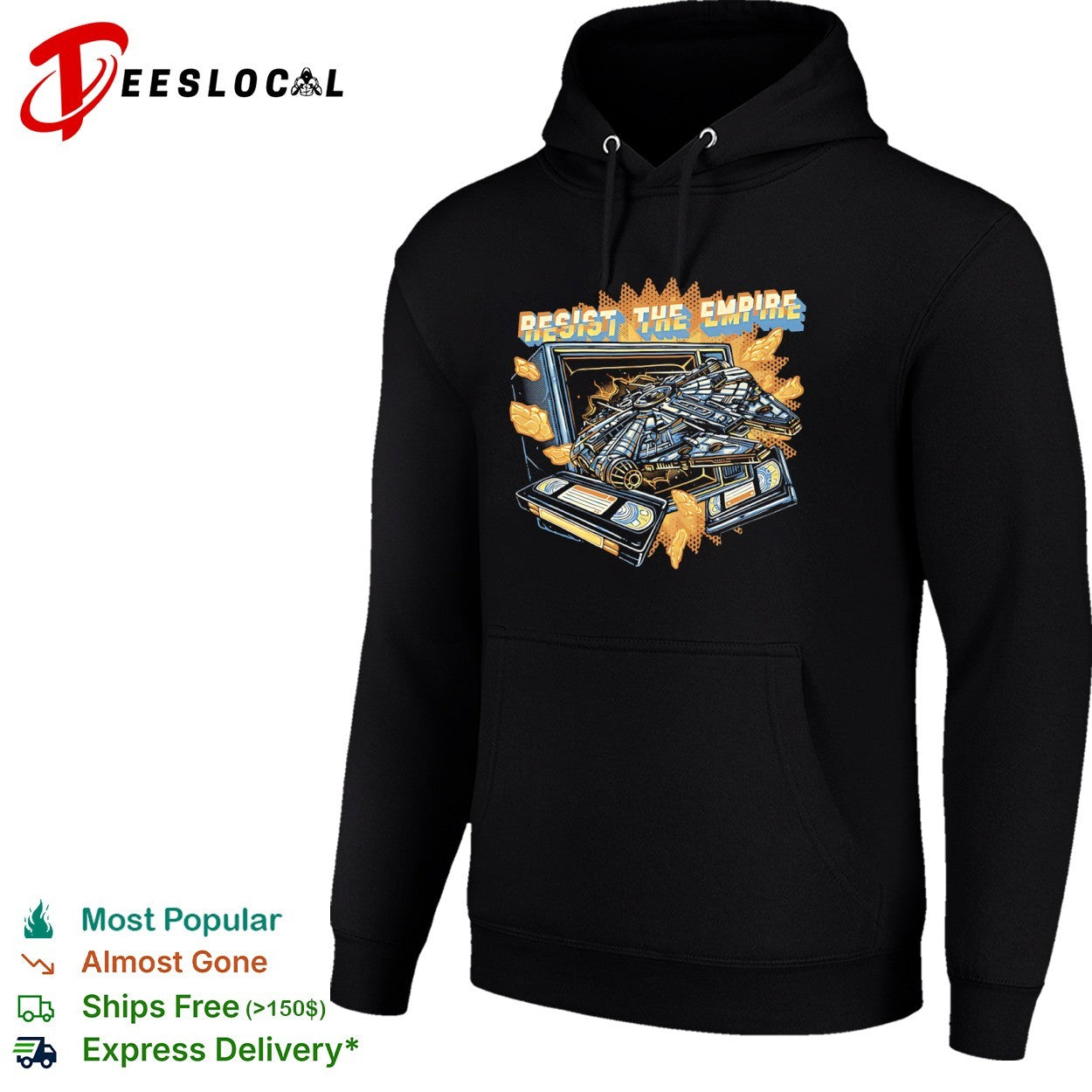 Resist the Empire the Millennium Falcon coming through a television alongside video tapes shirt