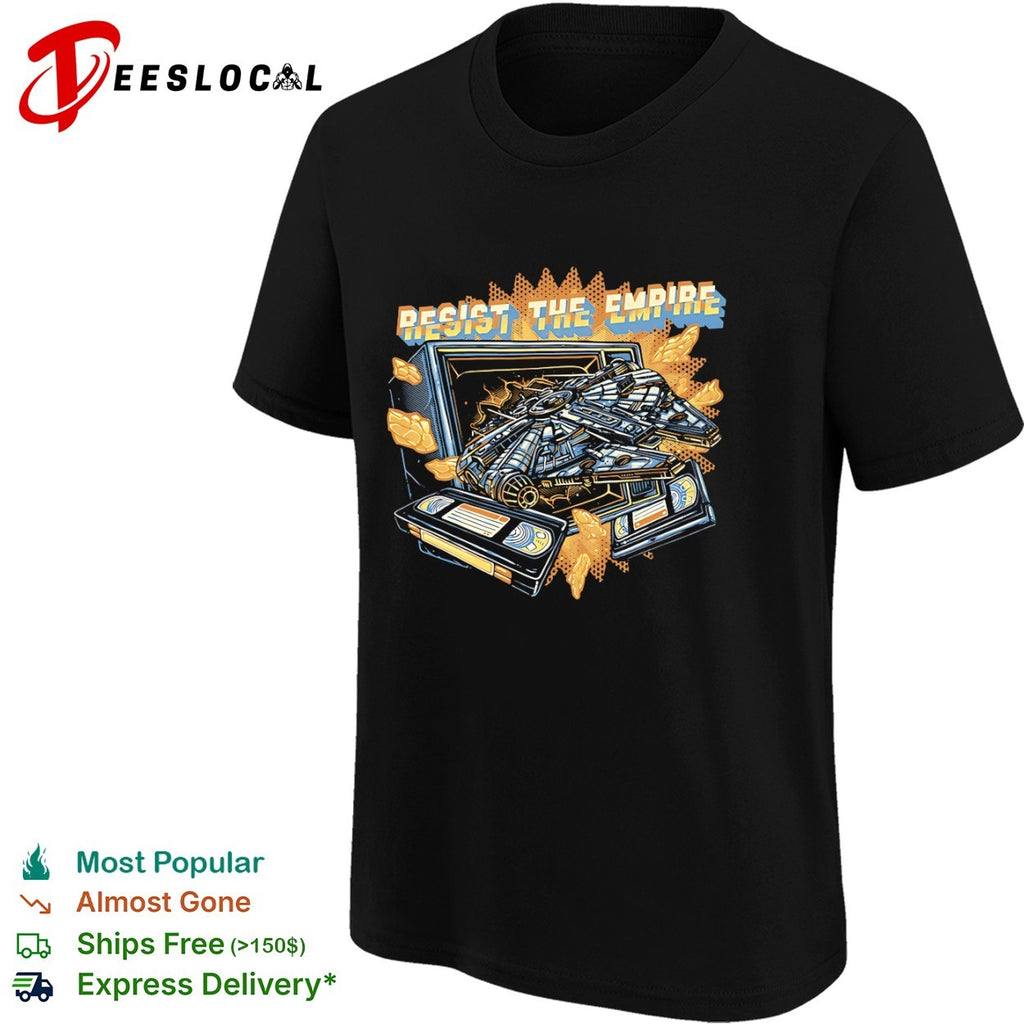 Resist the Empire the Millennium Falcon coming through a television alongside video tapes shirt