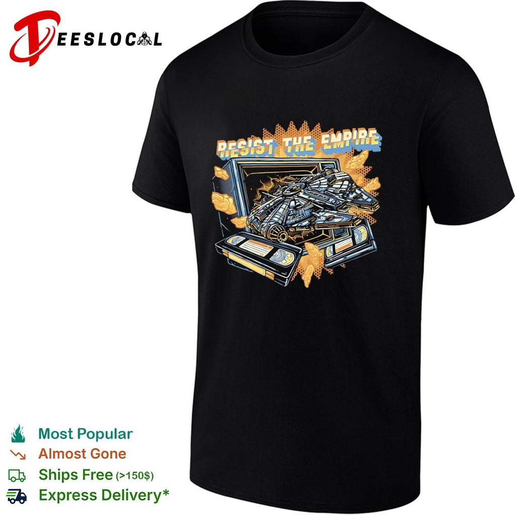 Resist the Empire the Millennium Falcon coming through a television alongside video tapes shirt