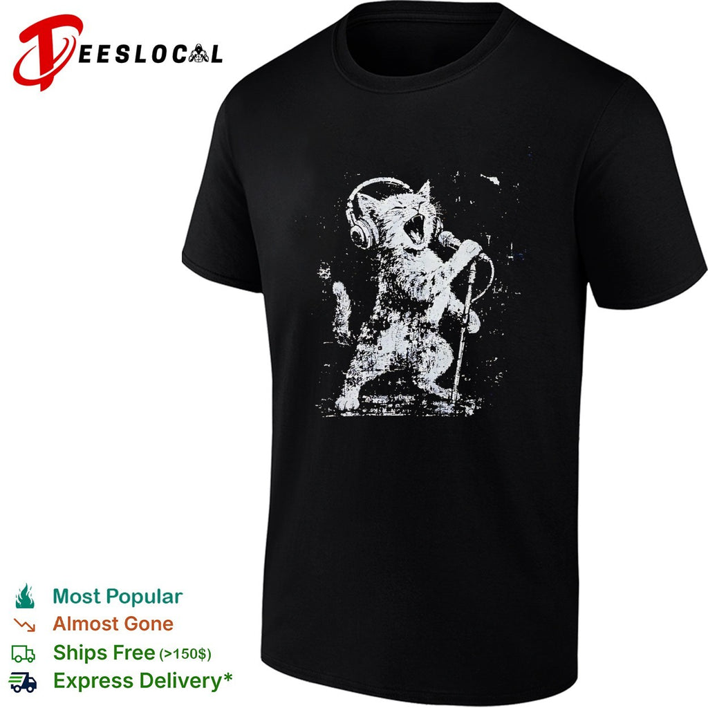 Rockstar cat headphones microphone shirt