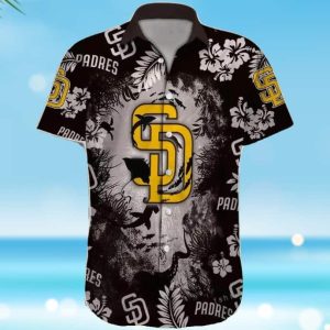 San Diego Padres Hawaiian Shirt Yellow Logo On Black - Padres Hawaiian Shirt
