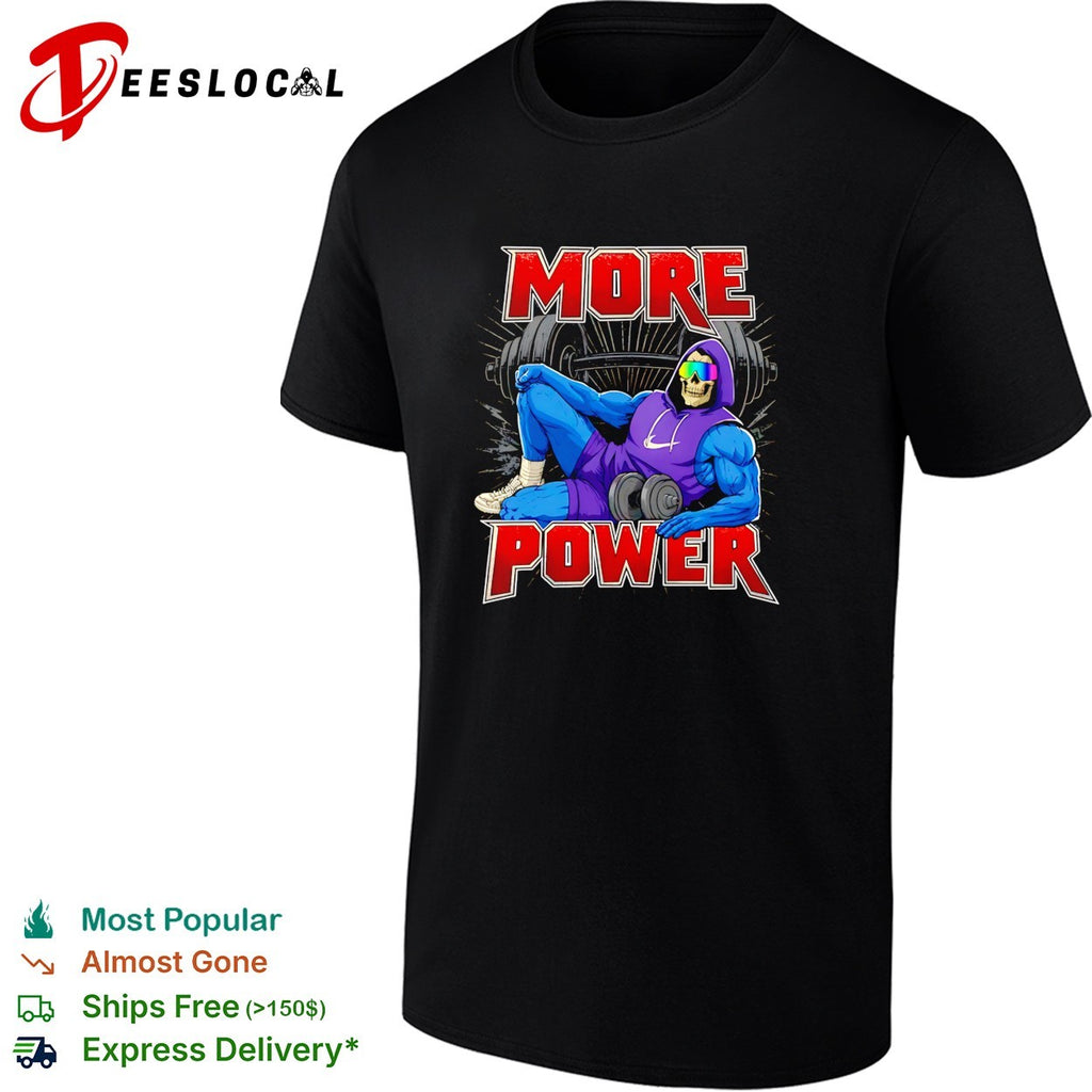 Skeleton musclar wearing purple hoodie more power gym bro shirt