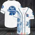 Skull Pabst Blue Ribbon Beer white blue Baseball shirt