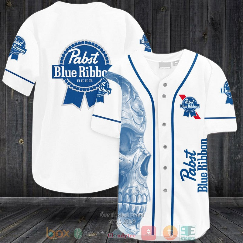 Skull Pabst Blue Ribbon Beer white blue Baseball shirt