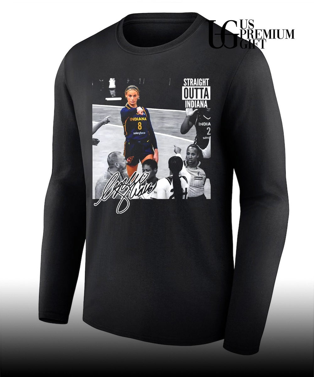 Sophie Cunningham Indiana Fever Straight Outta Indiana pointing meme signature shirt