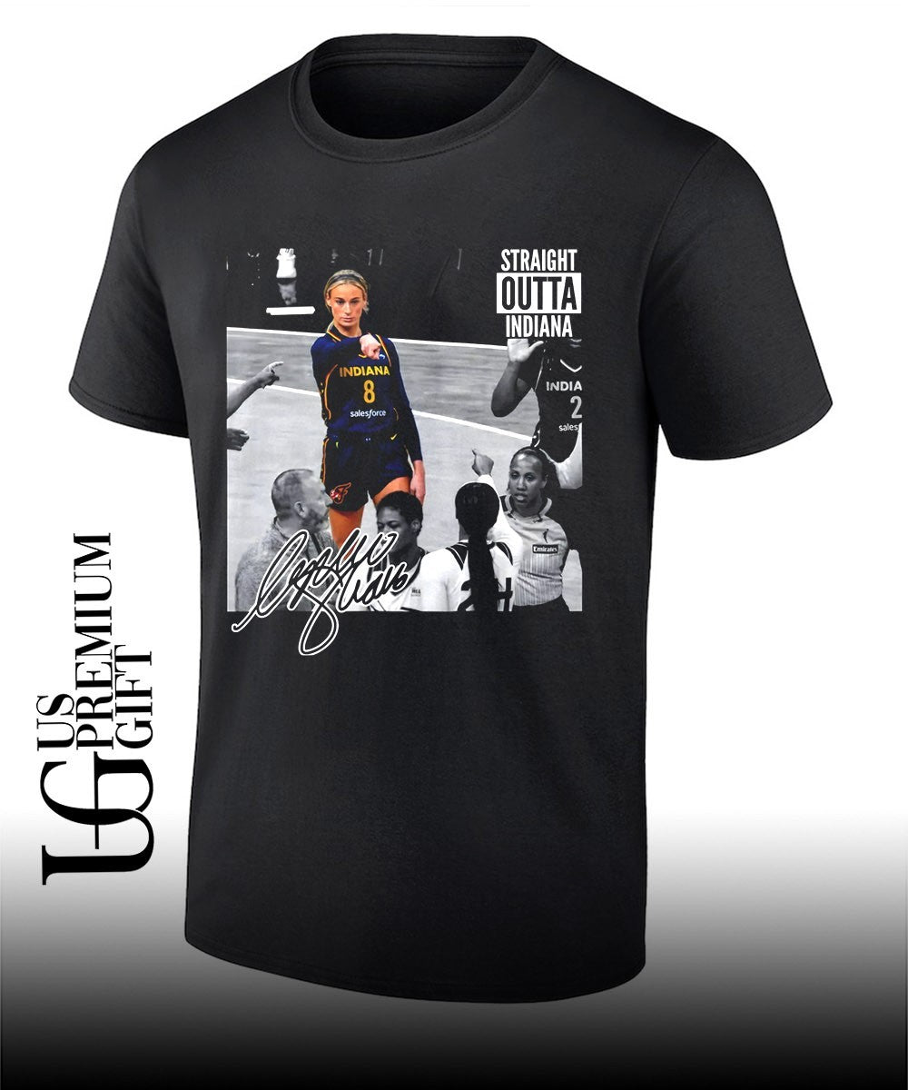 Sophie Cunningham Indiana Fever Straight Outta Indiana pointing meme signature shirt