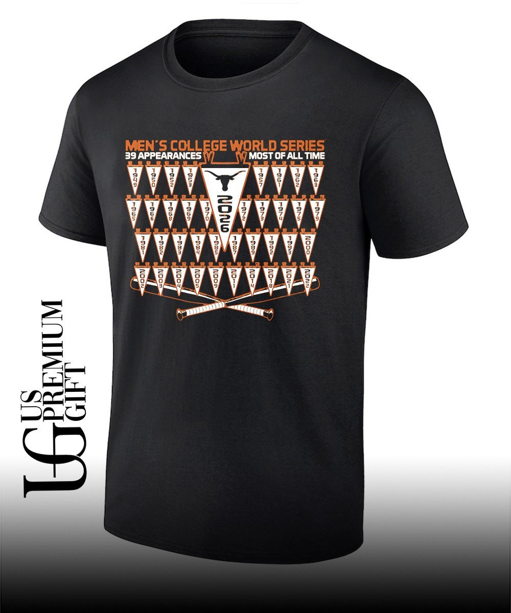 Texas Longhorns 2026 Baseball NCAA Men’s College World Series 39 Appearance Most of All Time shirt