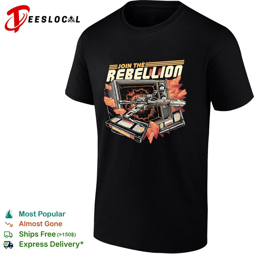 Time to Join the Rebellion an X-Wing coming through a television alongside video tapes shirt