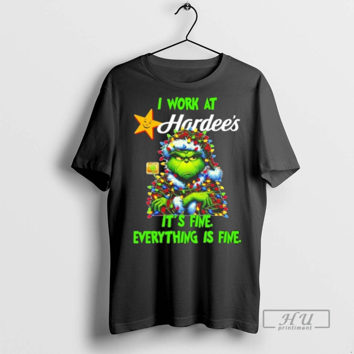 Trending Officials Grinch Santa I Work At Hardees Its Fine Everything Is Fine Christmas Lights T-Shirts, Hoodie, Sweatshirt