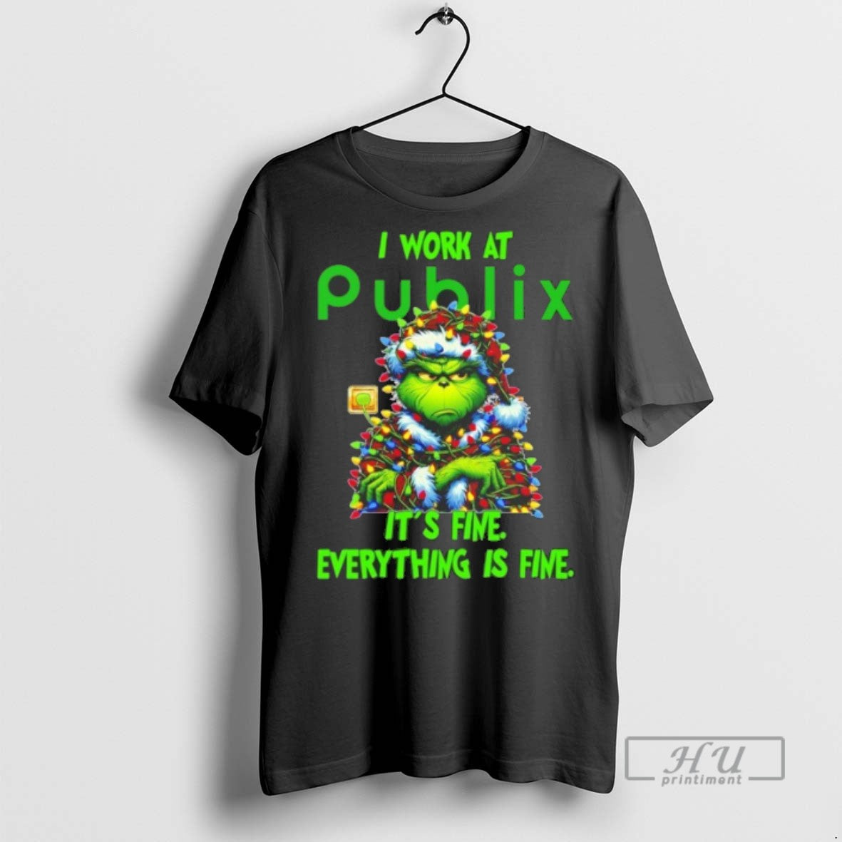 Trending Officials Grinch Santa I Work At Publix Its Fine Everything Is Fine Christmas Lights T-Shirts, Hoodie, Sweatshirt