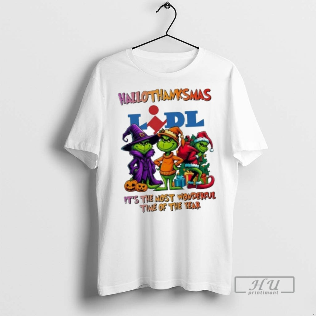 Trending Officials The Grinch Lidl Logo Hallothanksmas Its The Most Wonderful Time Of The Year T-Shirts, Hoodie, Sweatshirt