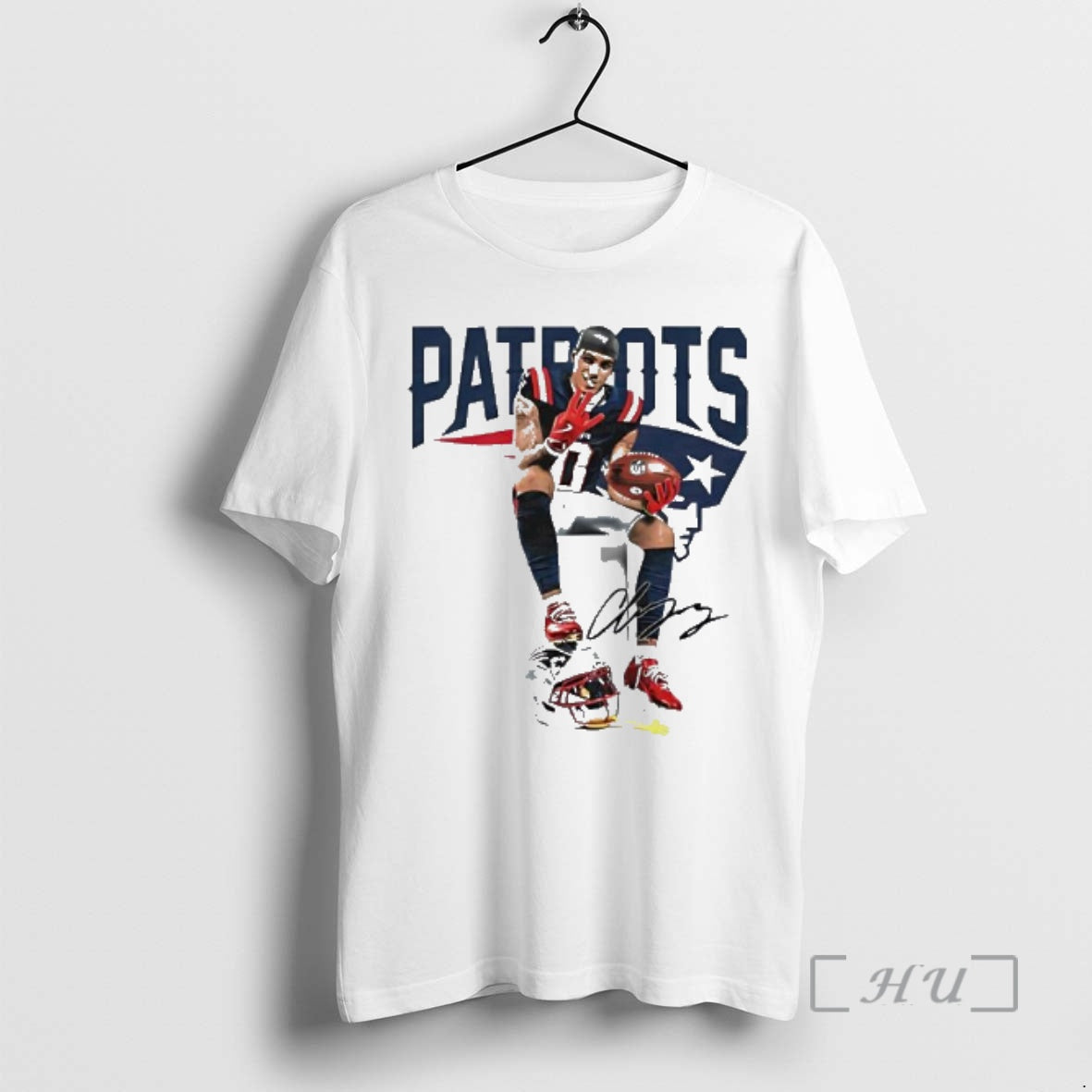 Trending Patriots Christian Gonzalez Sitting On Helmet Holding Football Four Finger Pose Graphic Premium T-Shirts,...