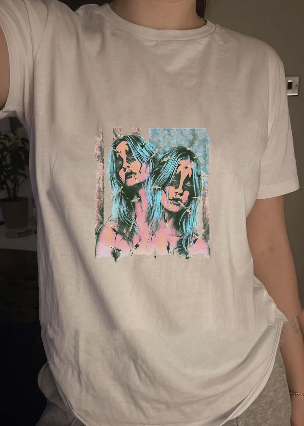 Two Women with Needles and American Flag Overlay Graphic T-Shirt