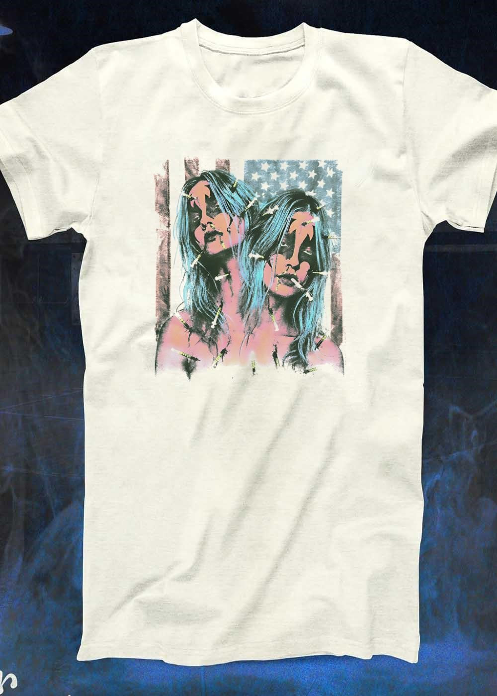 Two Women with Needles and American Flag Overlay Graphic T-Shirt