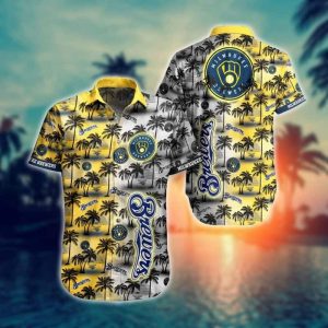 Vintage MLB Milwaukee Brewers Hawaiian Shirt Palm Trees Patternt - Brewers Hawaiian Shirt