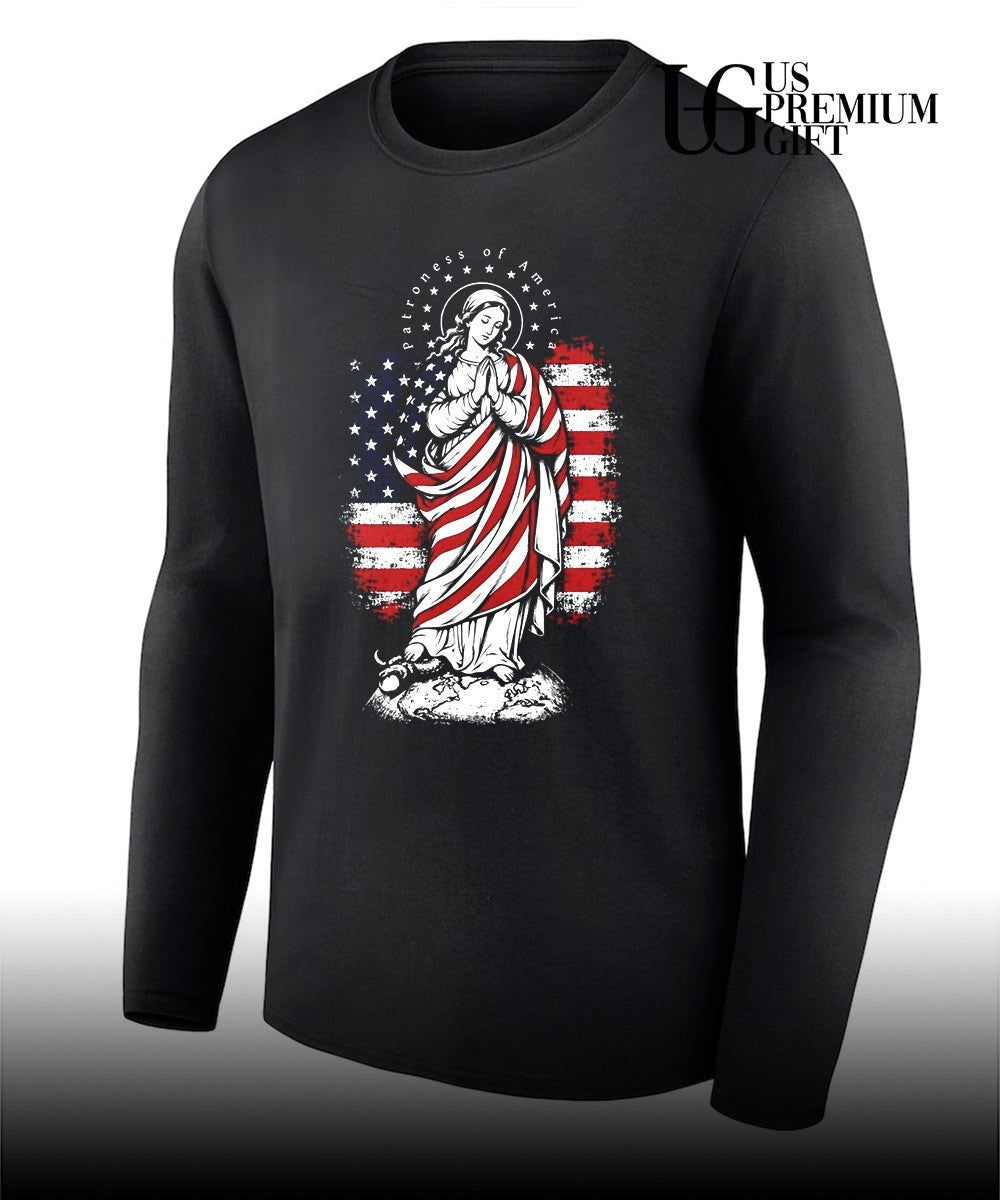 Virgin Mary Patroness of America Flag Earth Snake Religious Catholic Devotional shirt