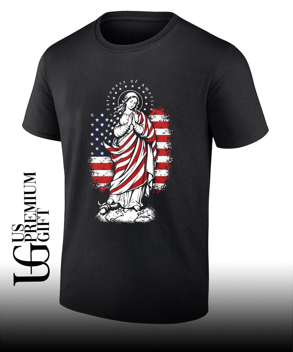 Virgin Mary Patroness of America Flag Earth Snake Religious Catholic Devotional shirt