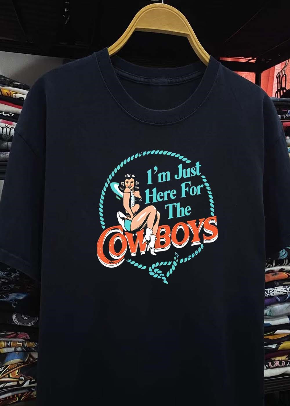 Western Pinup Girl Just Here for the Cowboys shirt