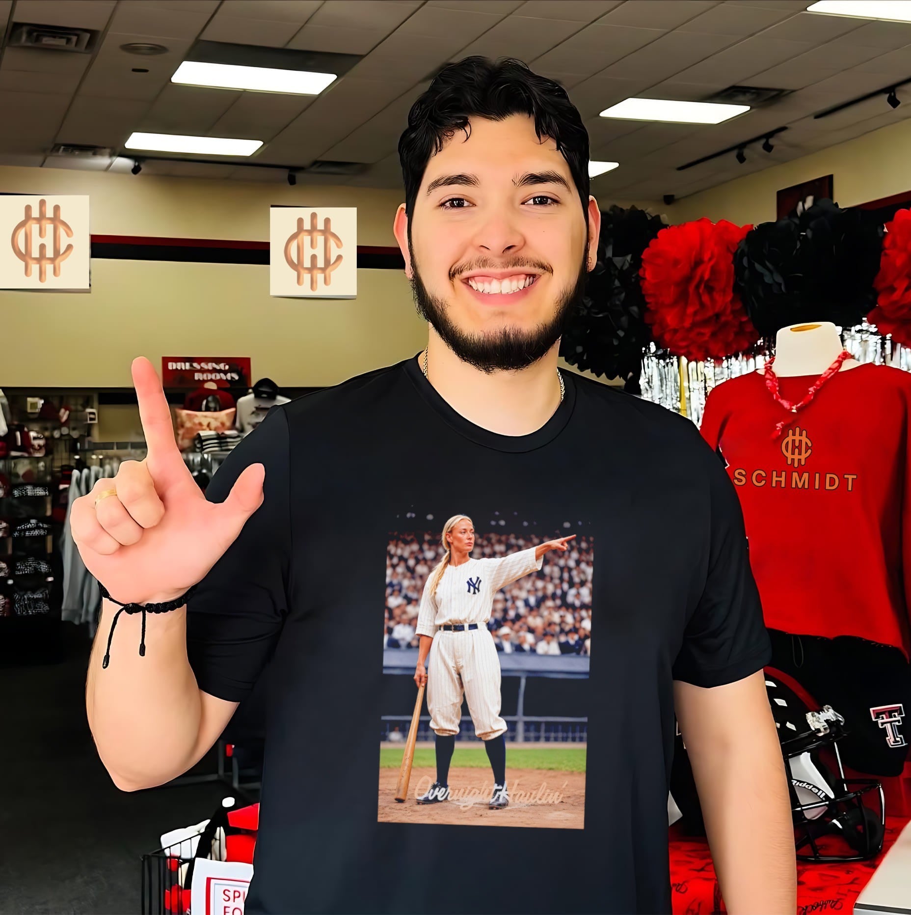 Woman Pointing in New York Yankees Uniform shirt