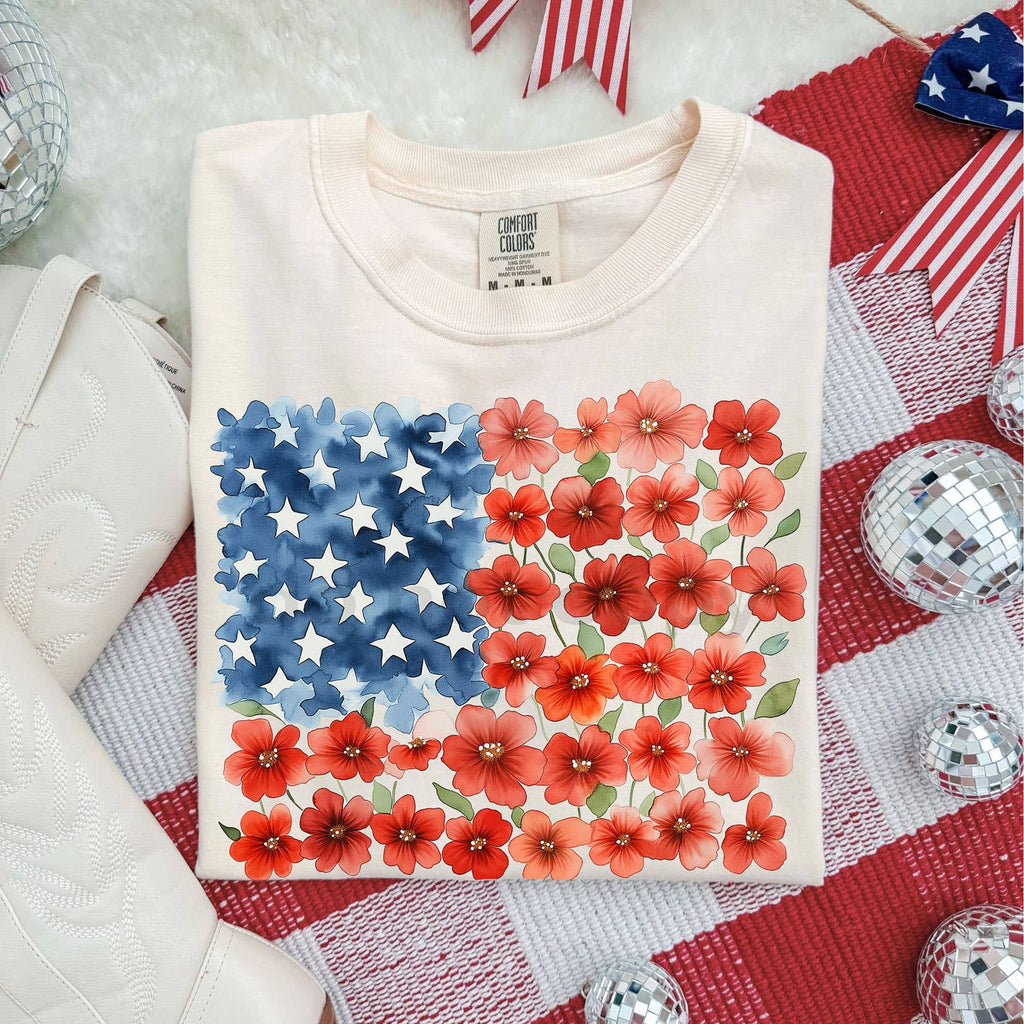 Floral Watercolor American Flag Tee