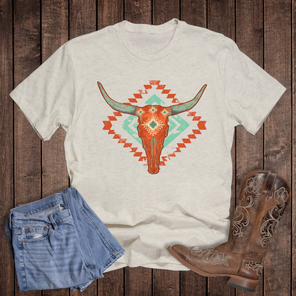 Western Turquoise Aztec Cow Skull Graphic Tee