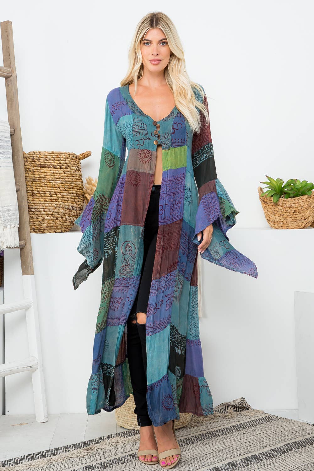 Deity Print Long Bell Sleeves Kimono (KT-1348)