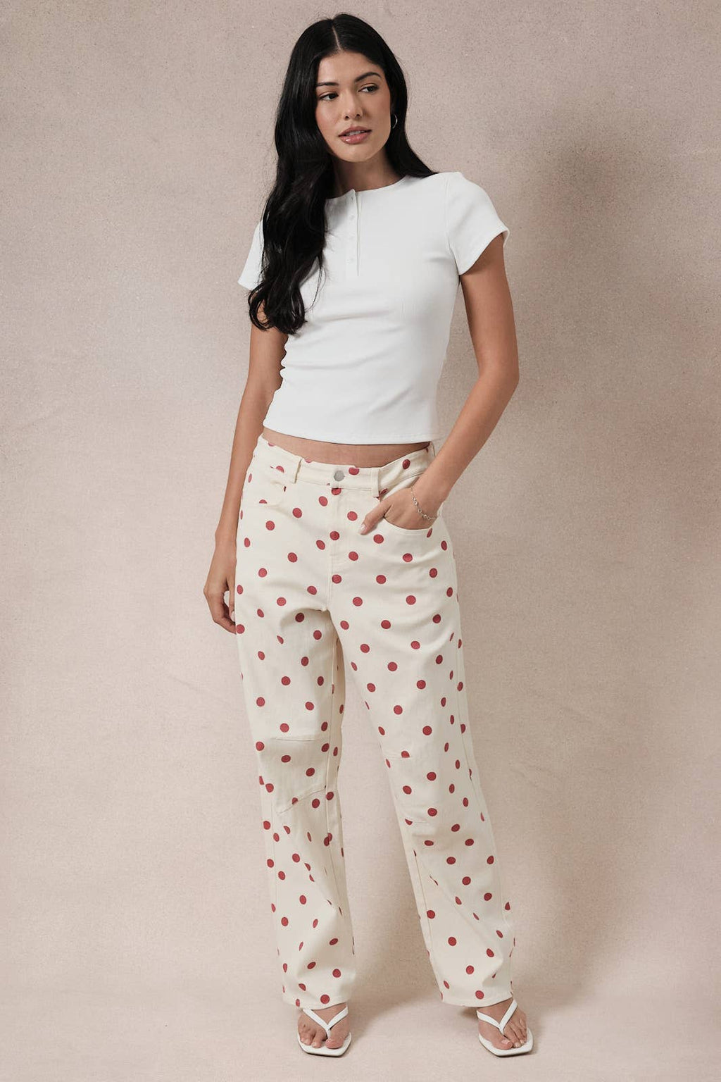Polka Dot Printed Barrel Twill Pants