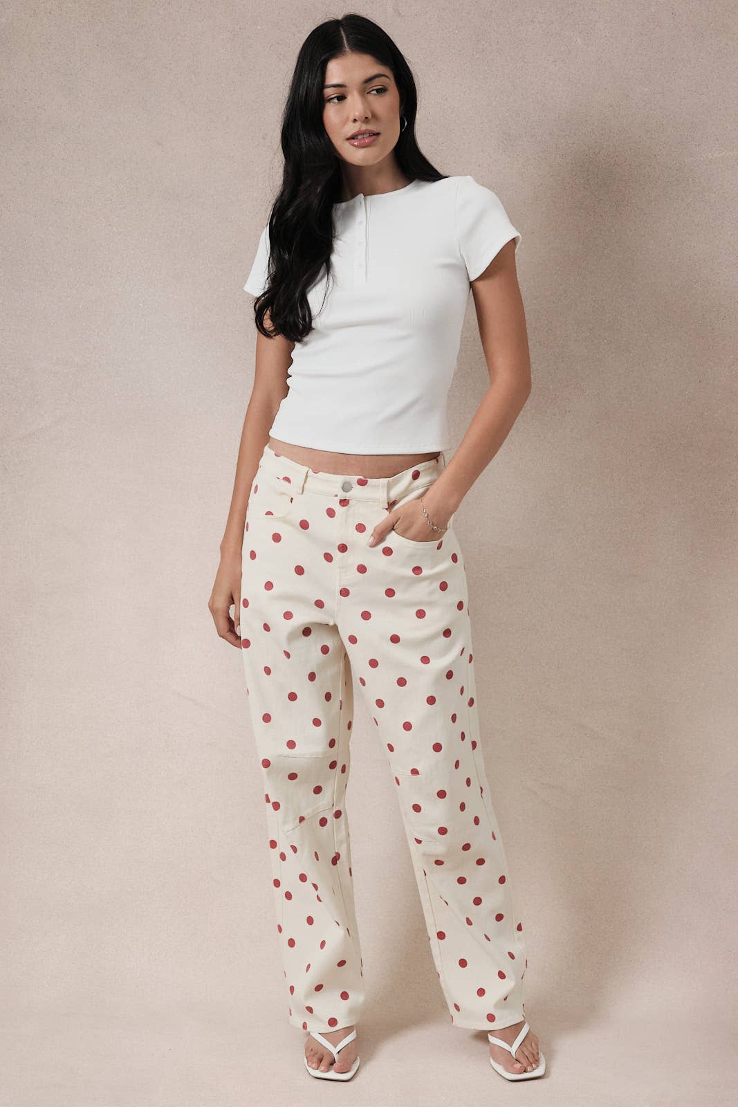 Polka Dot Printed Barrel Twill Pants