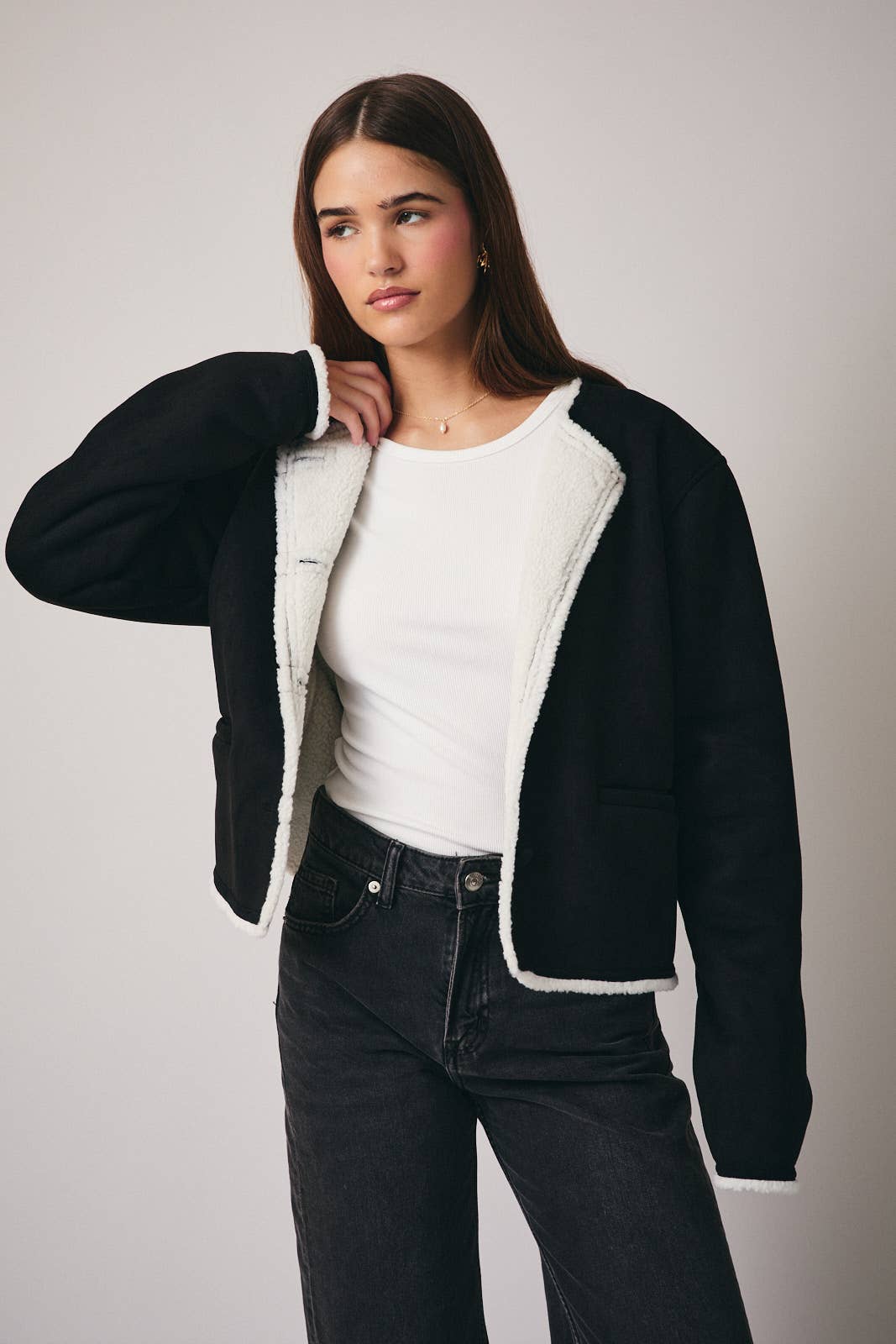 Long Sleeve Suede & Fur Bonding Button Down Outerwear