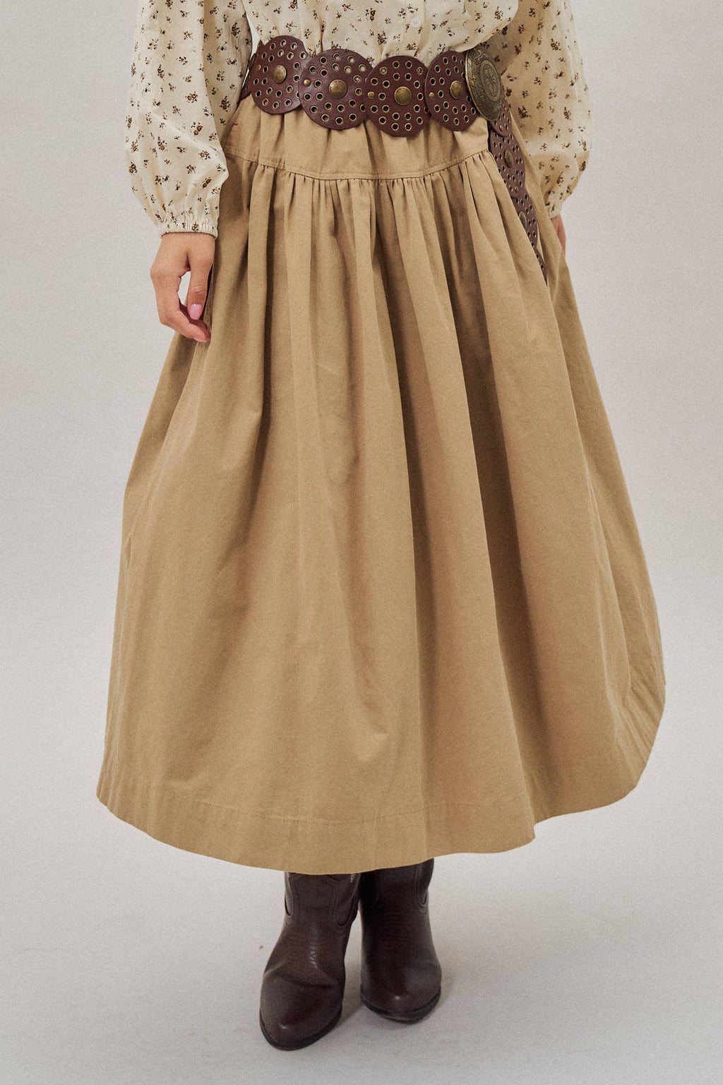 Gathered Cotton Twill Drawstring Midi Skirt