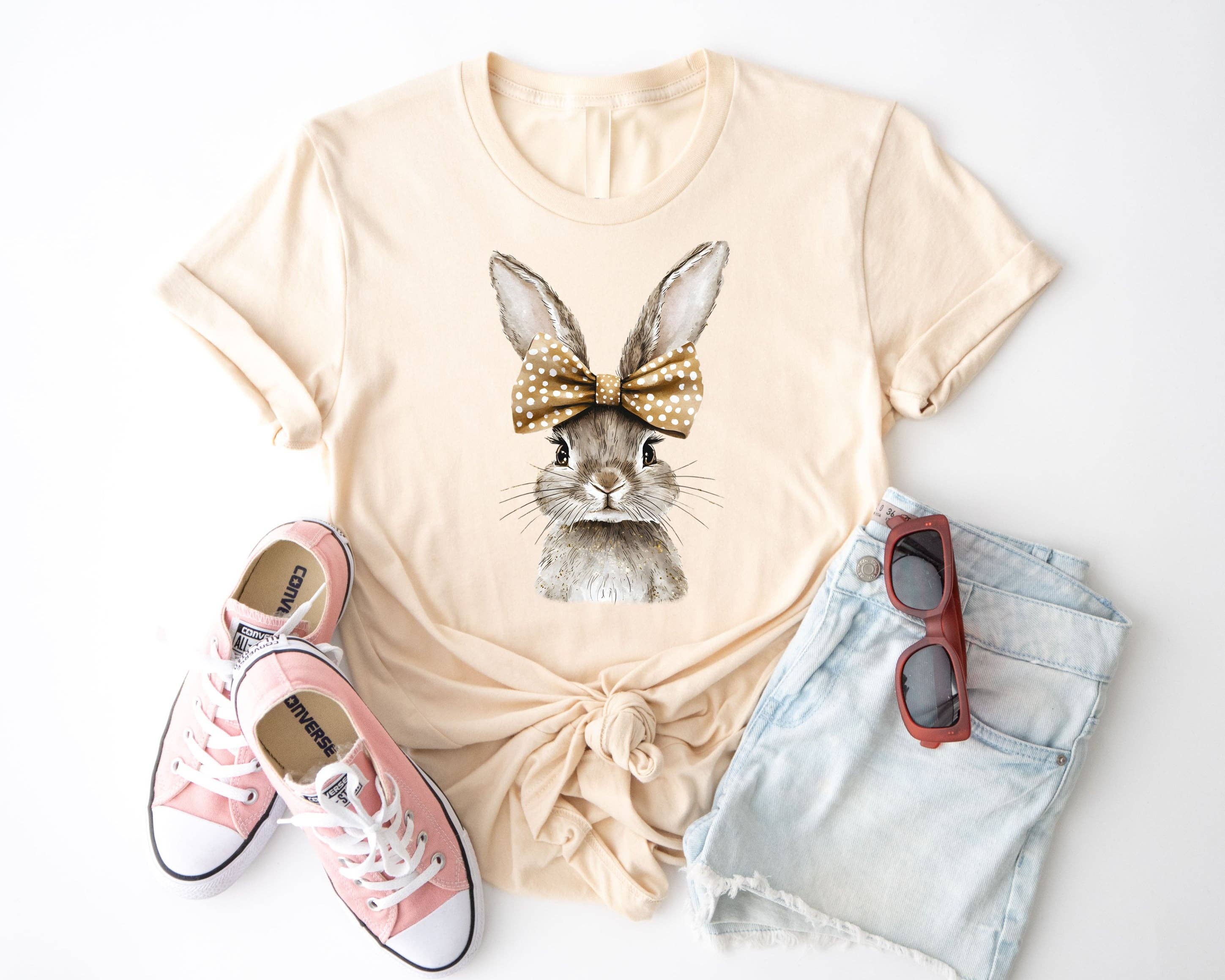 Spring Bunny Polka Dot Bow Easter Graphic Tee