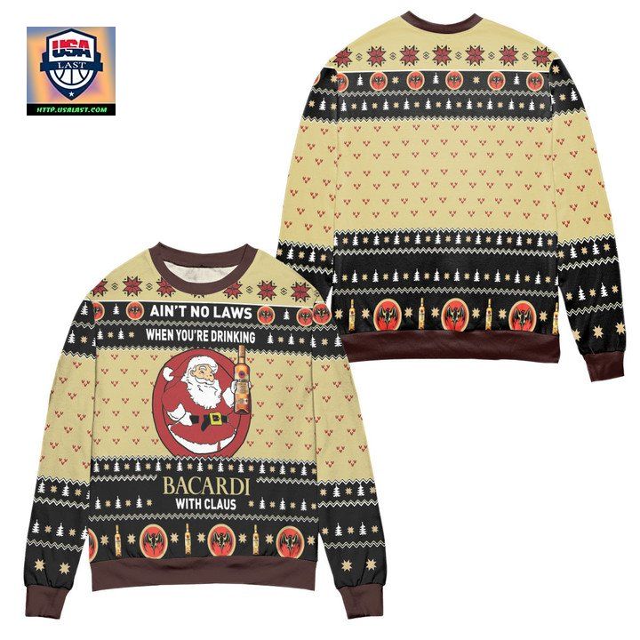 Aint No Laws When Youre Drinking Bacardi With Claus Ugly Christmas Sweater Black Yellow