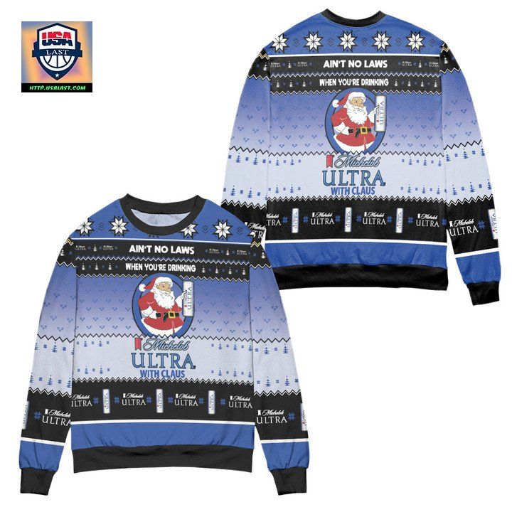 Aint No Laws When Youre Drinking Michelob Ultra With Claus Ugly Christmas Sweater Black Blue