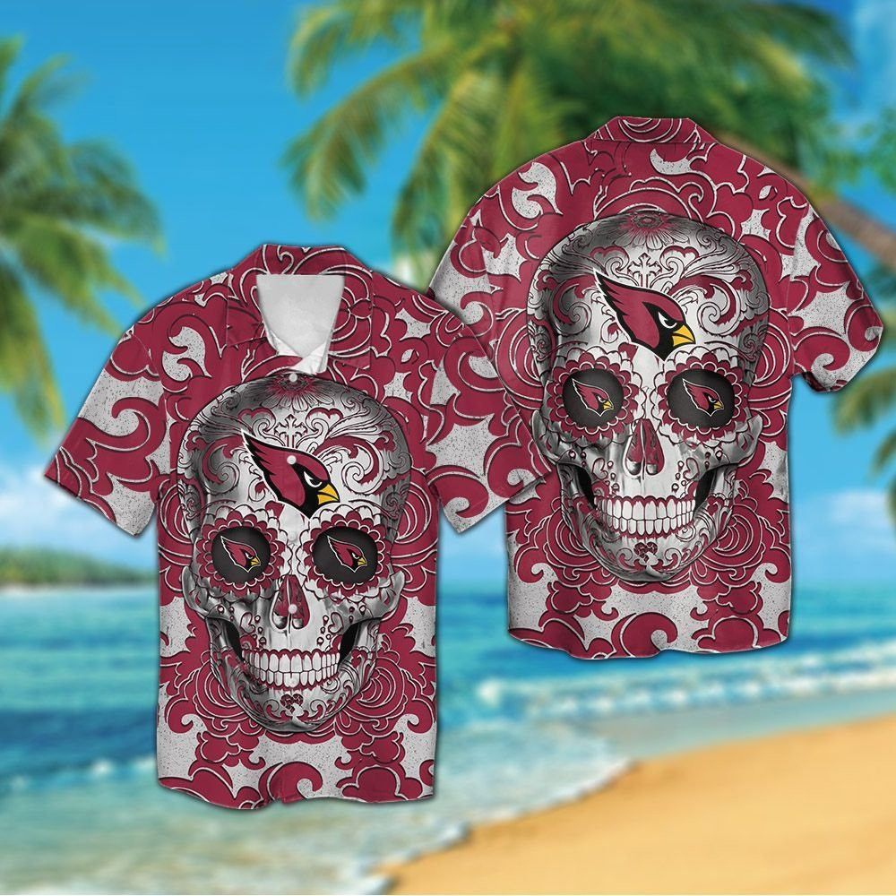 Arizona Cardinals Sugarskull Short Sleeve Button Up Tropical Hawaiian Shirt