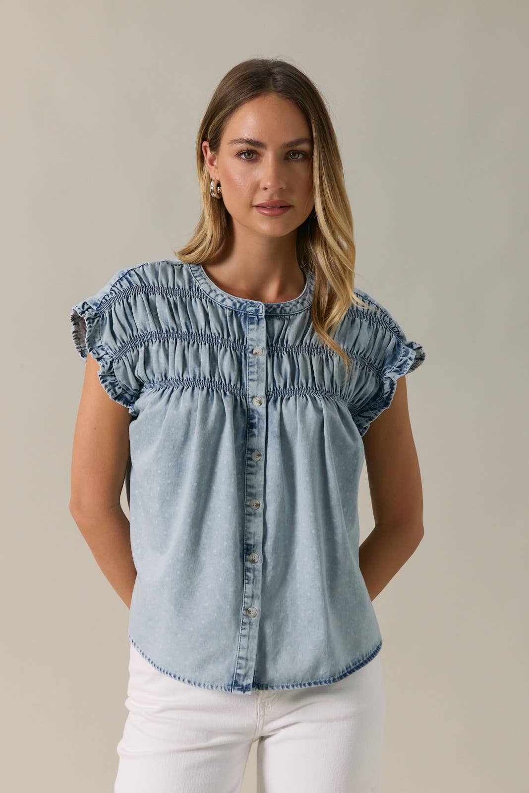 Polka Dot Denim Button Up Shirt with Smock and Ruffle