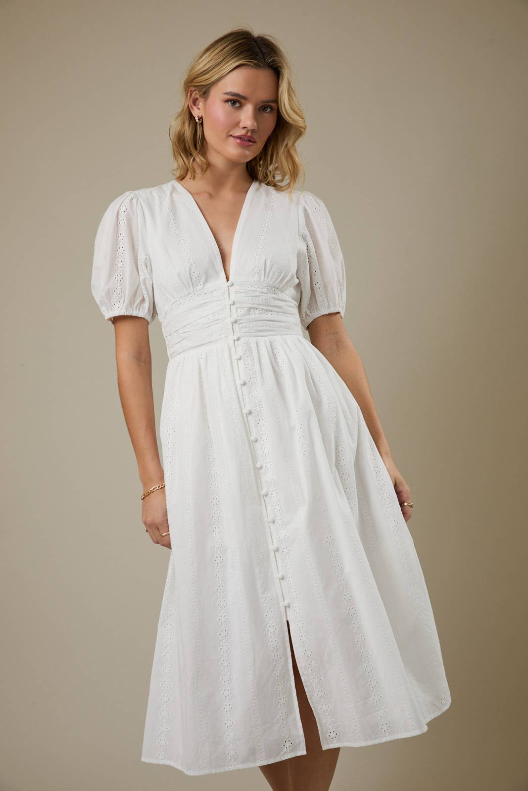 V-Neck Ballon Sleeve Fit&Flare Midi Dress