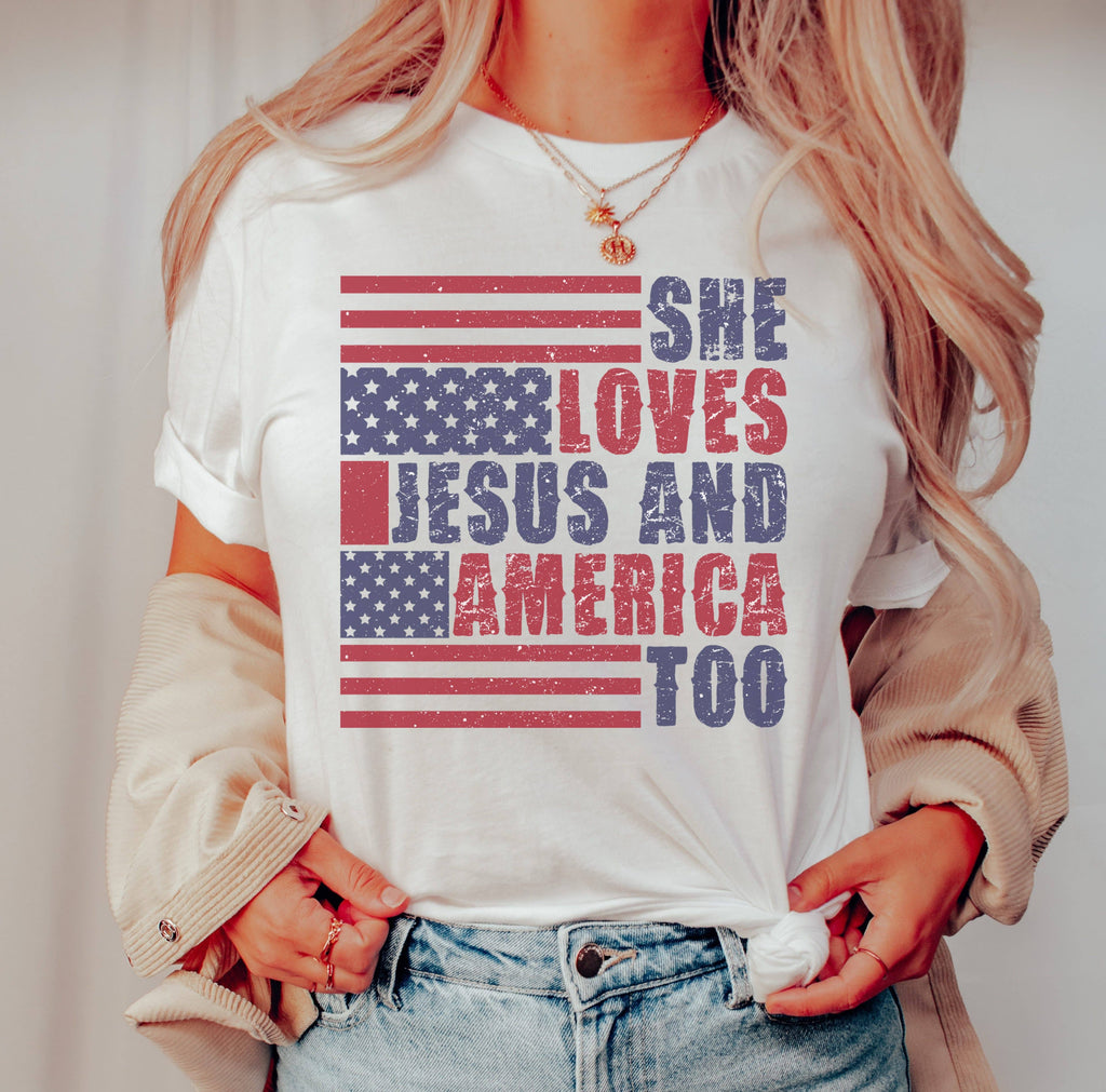 Retro She Loves Jesus Tee | Patriotic T Shirt