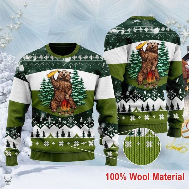 Bear Beer Campfire Green Wool Ugly Sweater Knitted Sweater Ugly Christmas Sweater