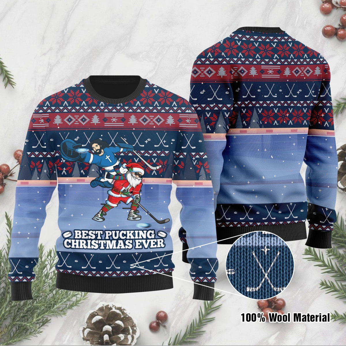 Best Pucking Christmas Ever Jesus And Santa Claus Ugly Christmas Sweater For Ice Hokey Lovers On Christmas Days