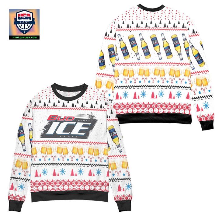 Bud Ice Snowflake And Pine Tree Pattern Ugly Christmas Sweater White