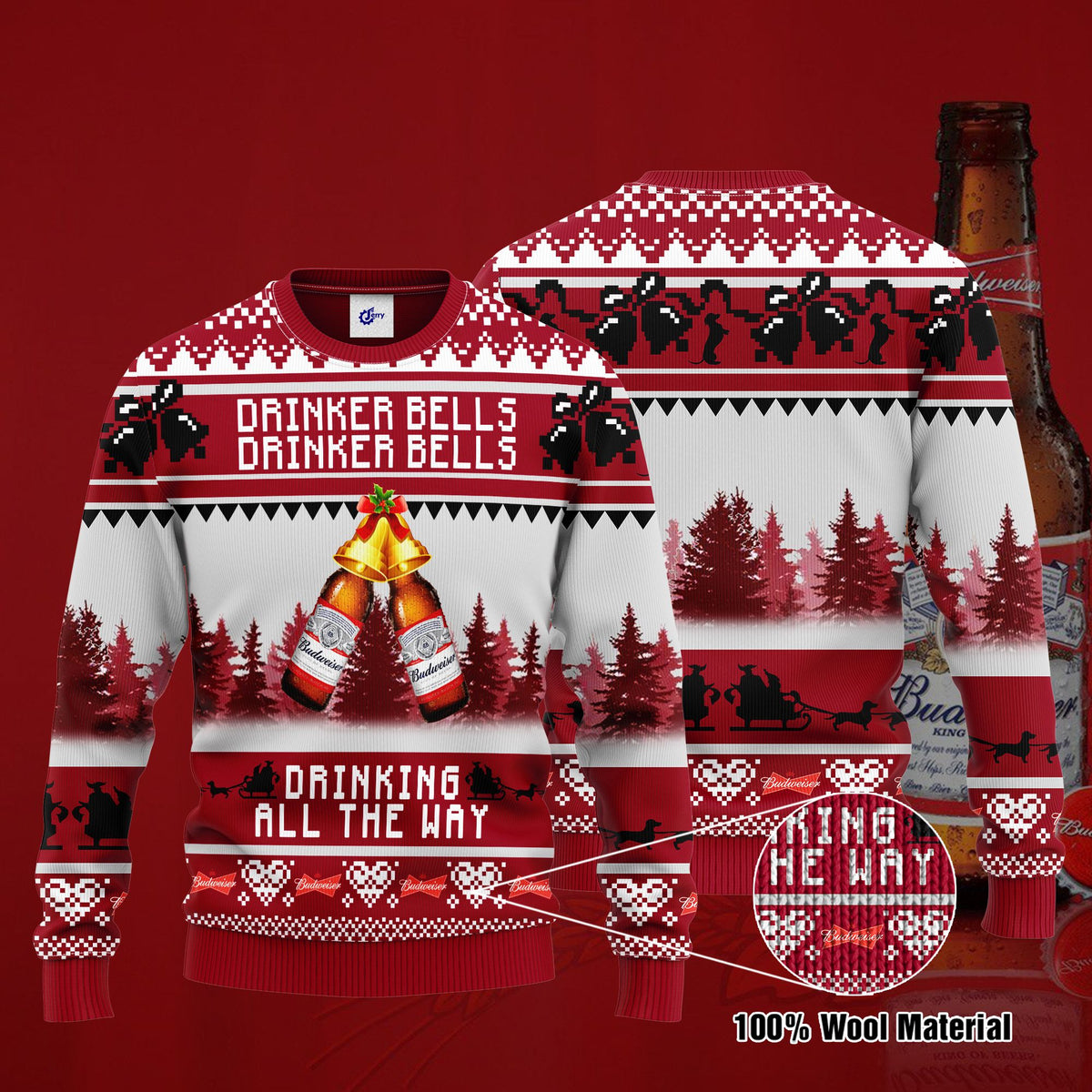 Budweiser Drinker Bells Drinker Bells Drinking All The Way Ugly Christmas Sweater, Hoodie, Zip Hoodie, Bomber Jacket