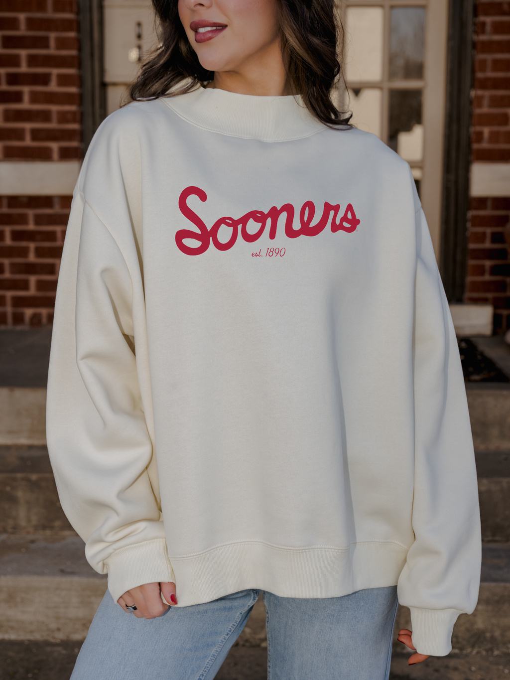 Ou Sooners Bold Script Ivory Weekend Mock Neck Sweatshirt