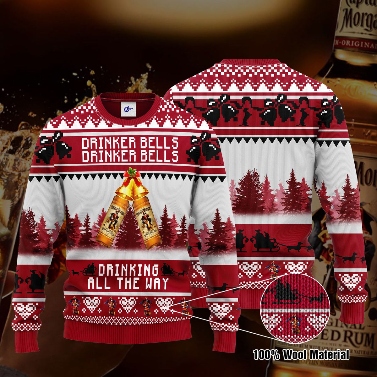 Captain Morgan Drinker Bells Drinker Bells Drinking All The Way Ugly Christmas Sweater, Hoodie, Zip Hoodie, Bomber Jacket