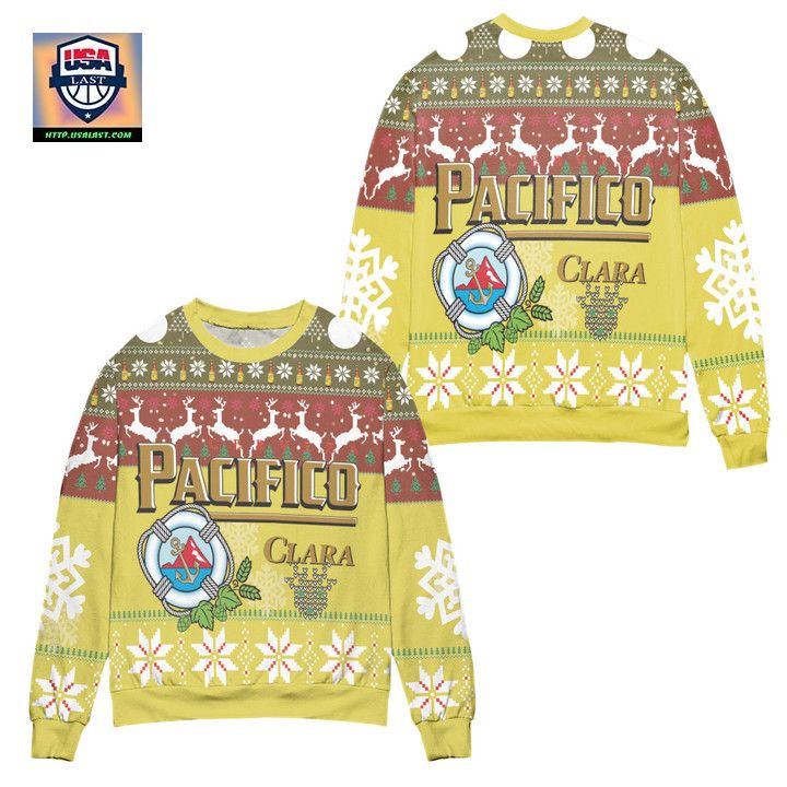 Cerveza Pacifico Clara Snowflake Reindeer Pattern Ugly Christmas Sweater Yellow