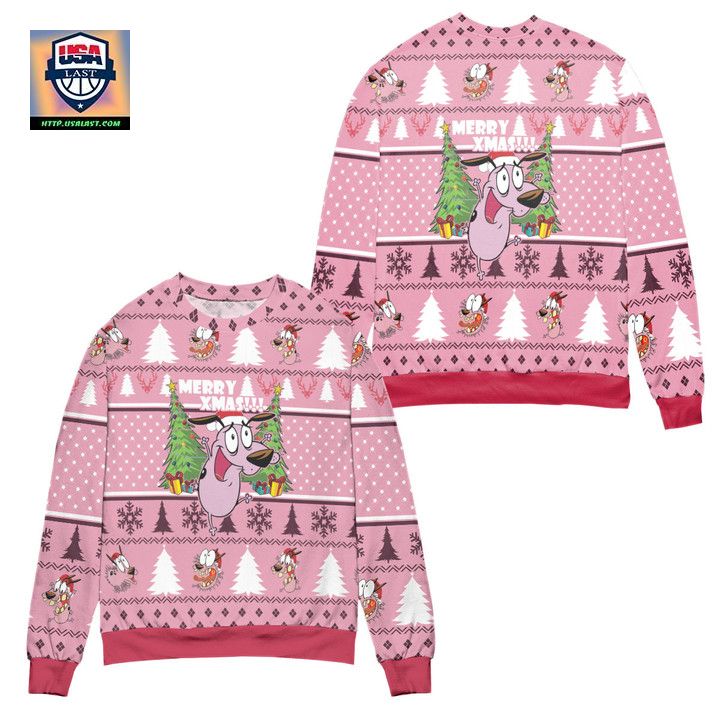 Courage The Cowardly Dog Merry XMas Ugly Christmas Sweater Pink