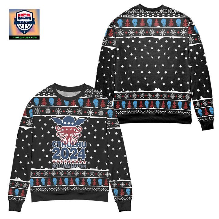 Cthulhu 2024 No Lives Matter Star Pattern Ugly Christmas Sweater Black