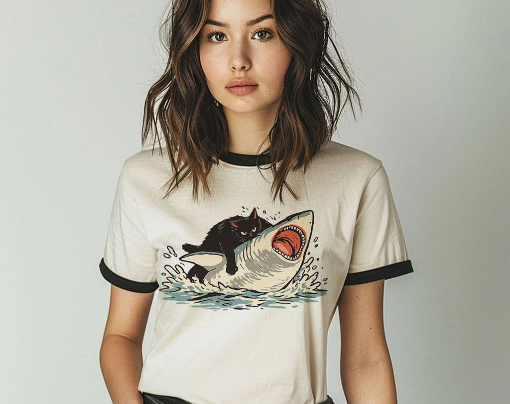 Cat Riding Shark - Funny Cat Ringer Shirt