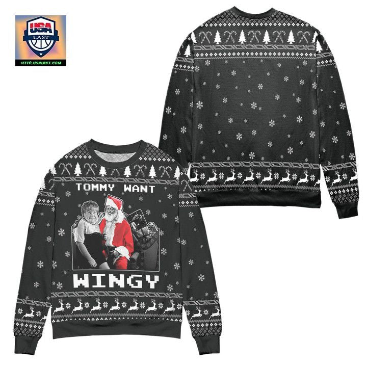 Dear Santa Tommy Want Wingy Snowflake Pattern Ugly Christmas Sweater Black