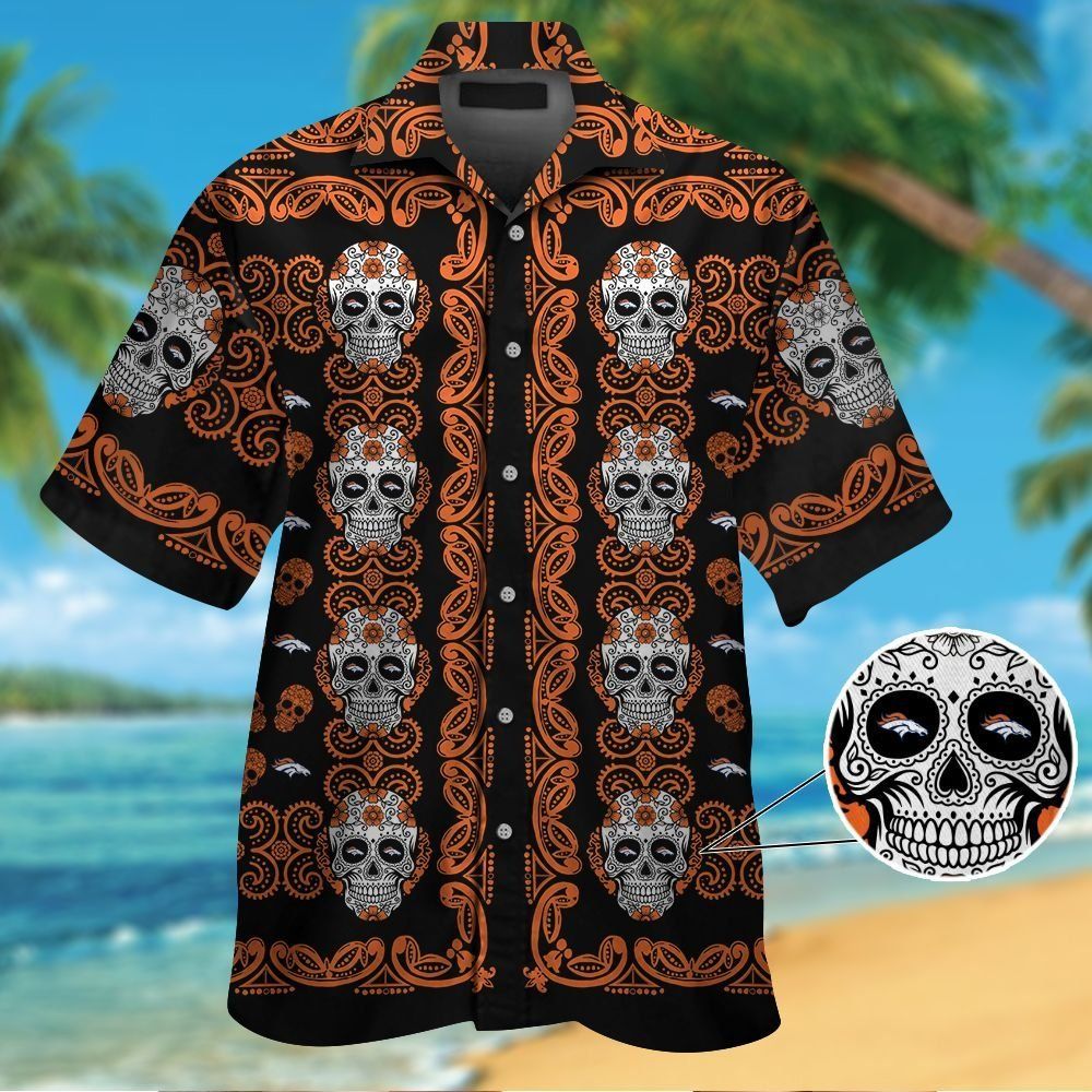Denver Broncosskull Short Sleeve Button Up Tropical Hawaiian Shirt VER01