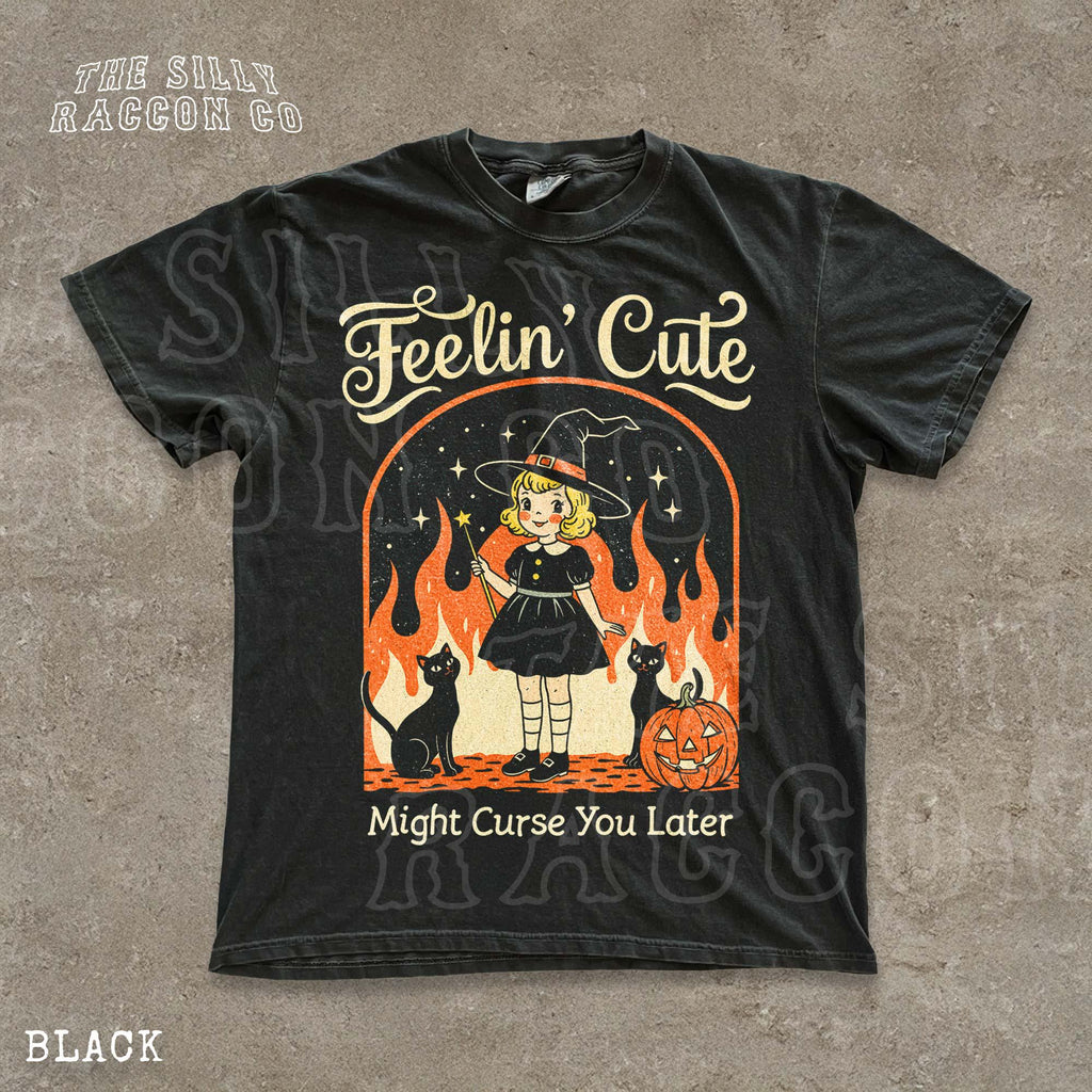 Sarcastic Halloween Feelin Witchy Tee Vintage Spooky Season Retro Black Cat (3)
